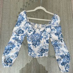 Reformation long sleeve blue floral top, size 0,